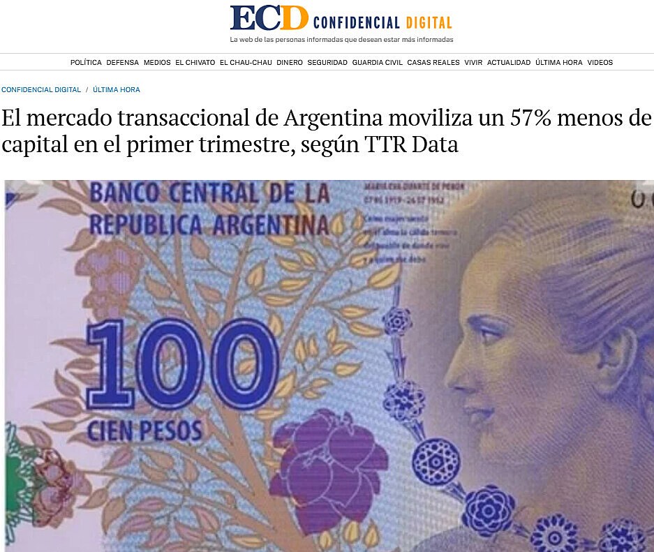 El mercado transaccional de Argentina moviliza un 57% menos de capital en el primer trimestre, segn TTR Data